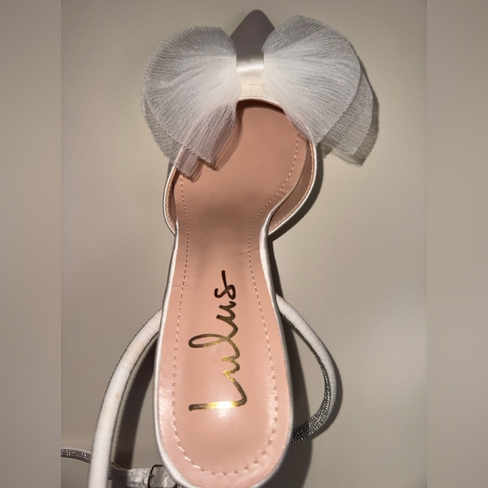 Lulu's Lelanee white satin rhinestone bow ankle strap pumps - Picture 6 of 7